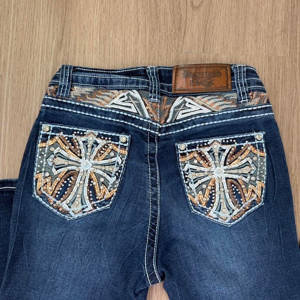 Westfield Eagle blue denim jeans with cross design on back pockets. Size: 1 - Picture 6 of 8
